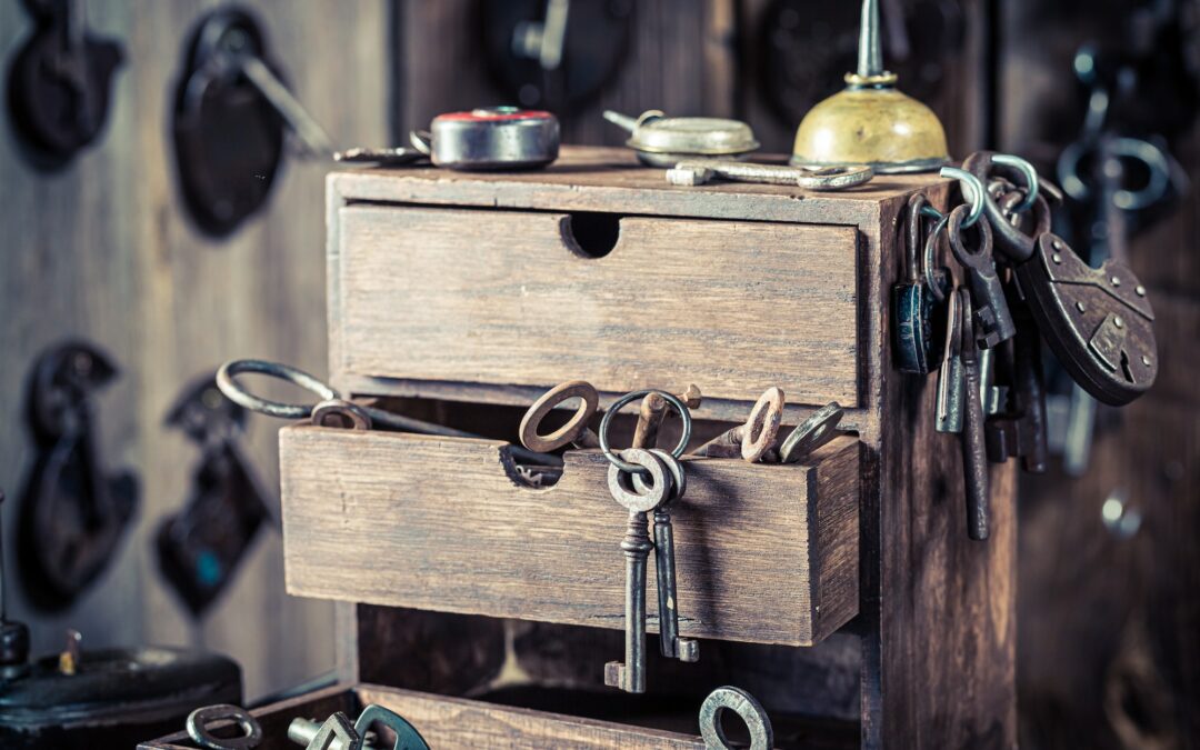 Vintage locksmiths workshop with locks and tools. Ancient locksmiths workshop.